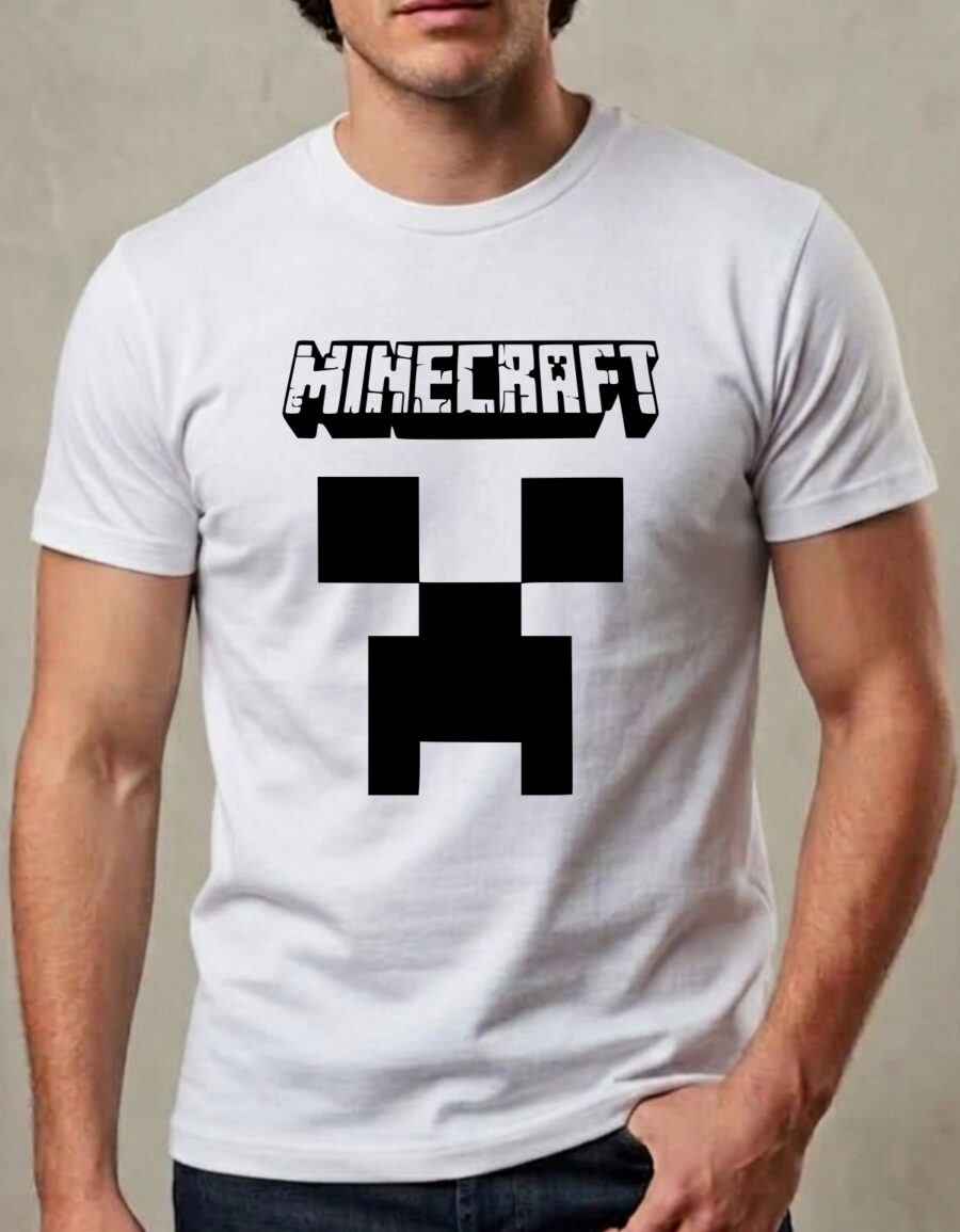 Camiseta Branca Manga Curta Adulto Unissex Verde Minecraft mlc