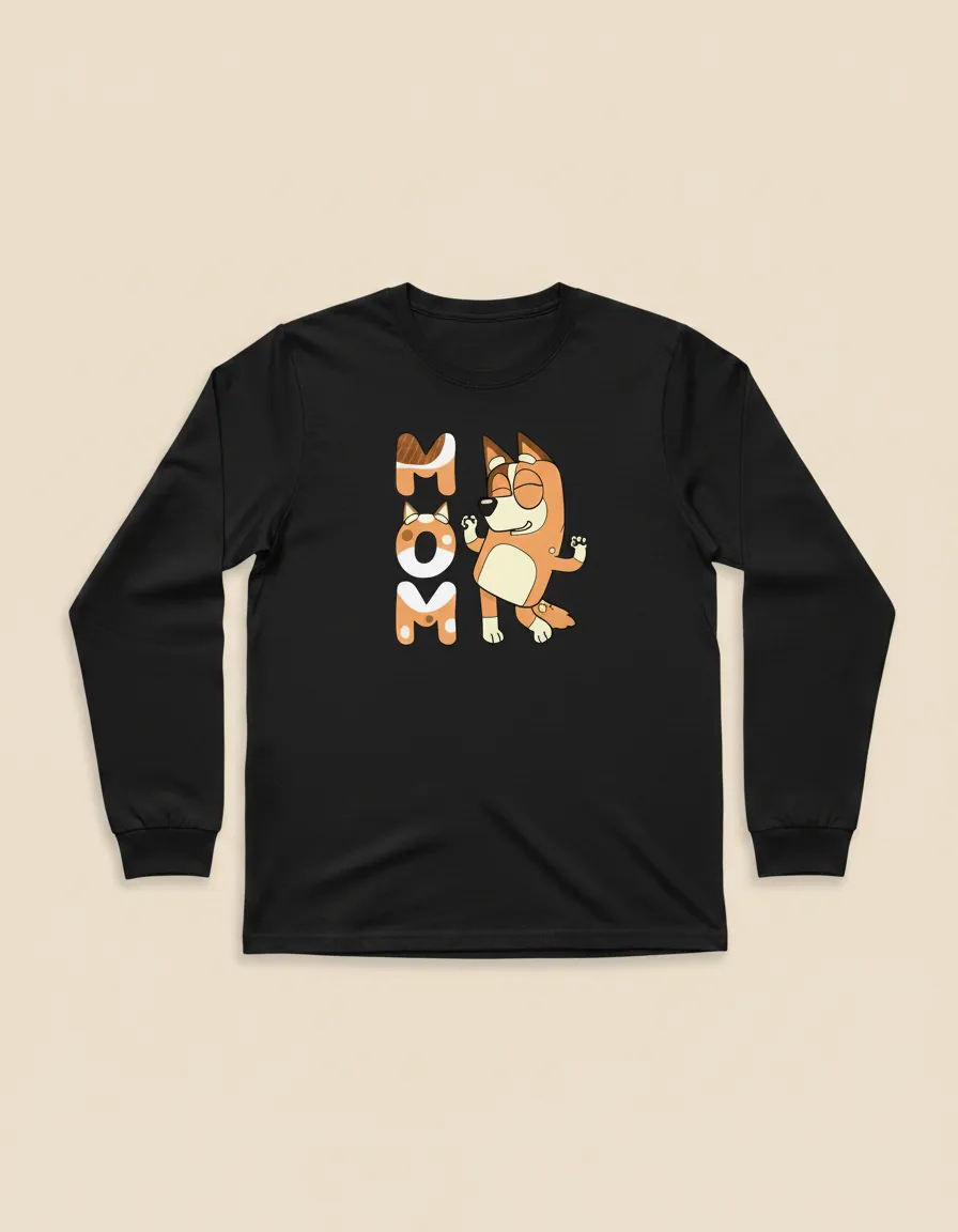 Camiseta Preta Manga Longa Baby Look Feminina Bluey Mãe mlc