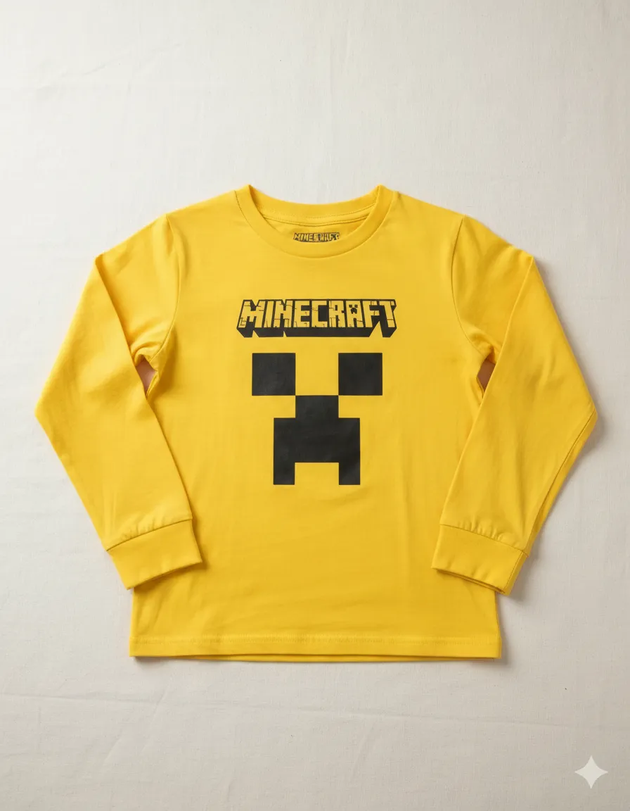 Camiseta Amarela Manga Longa Infantil Unissex Minecraft Creeper mlr