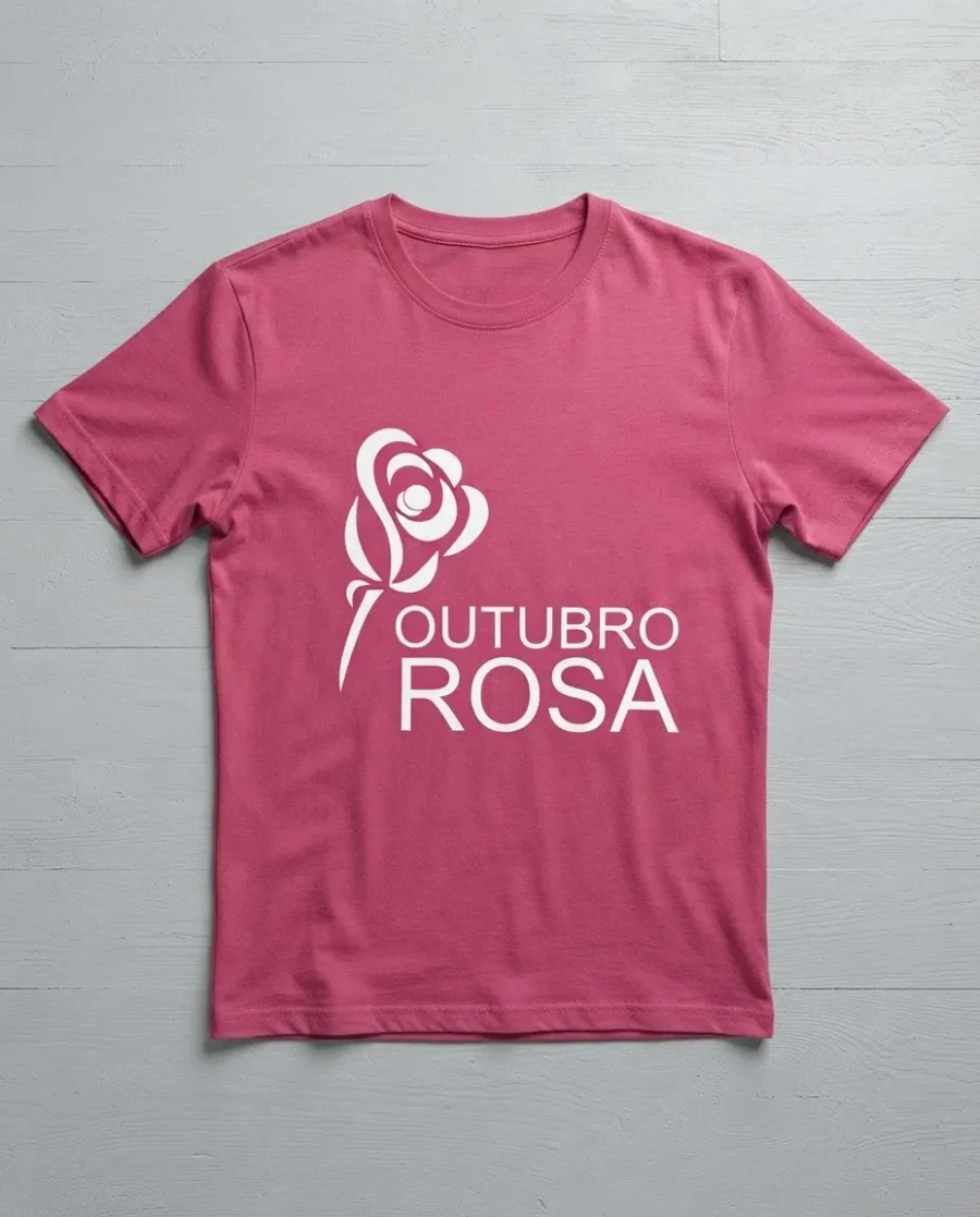 Camiseta Rosa Logo Branco Tradicional Adulto Unissex Outubro Rosa mlc
