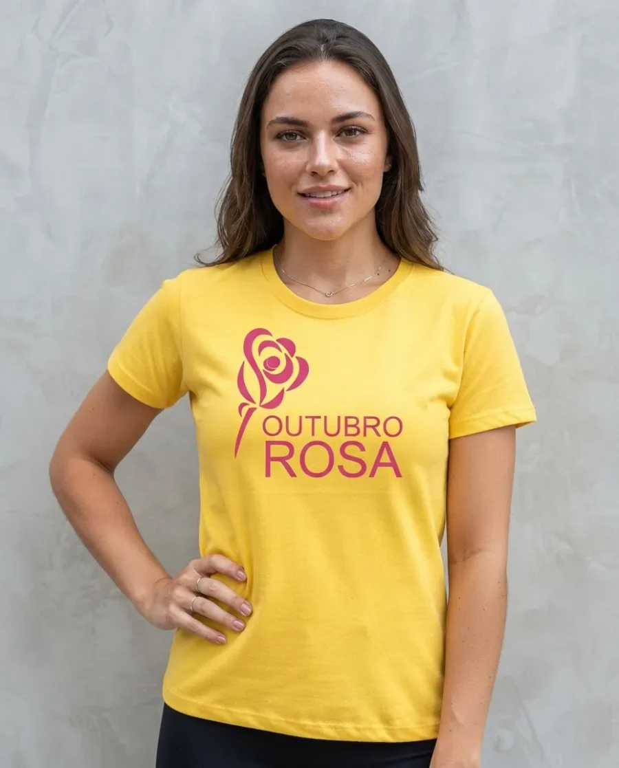 Camiseta Amarela Baby Look Feminina Outubro Rosa mlr