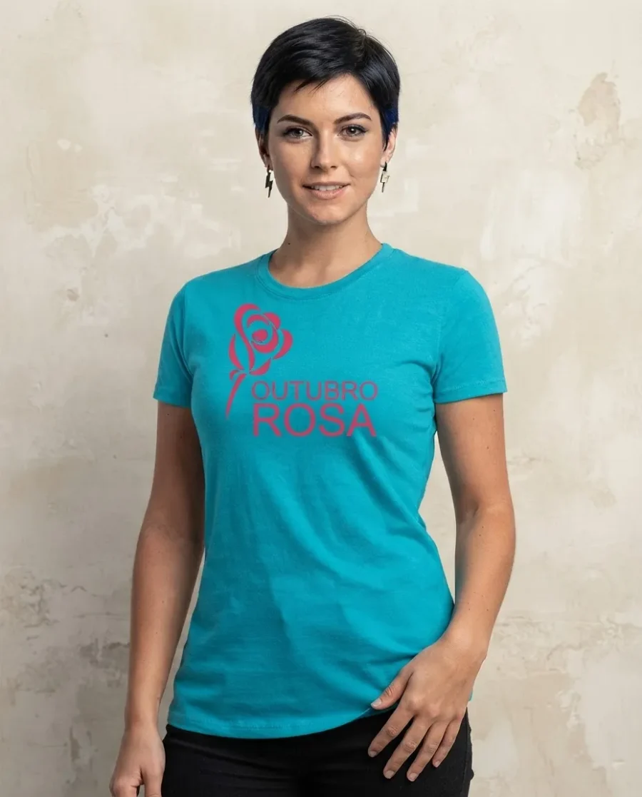 Camiseta Azul-turquesa Baby Look Feminina Outubro Rosa spe