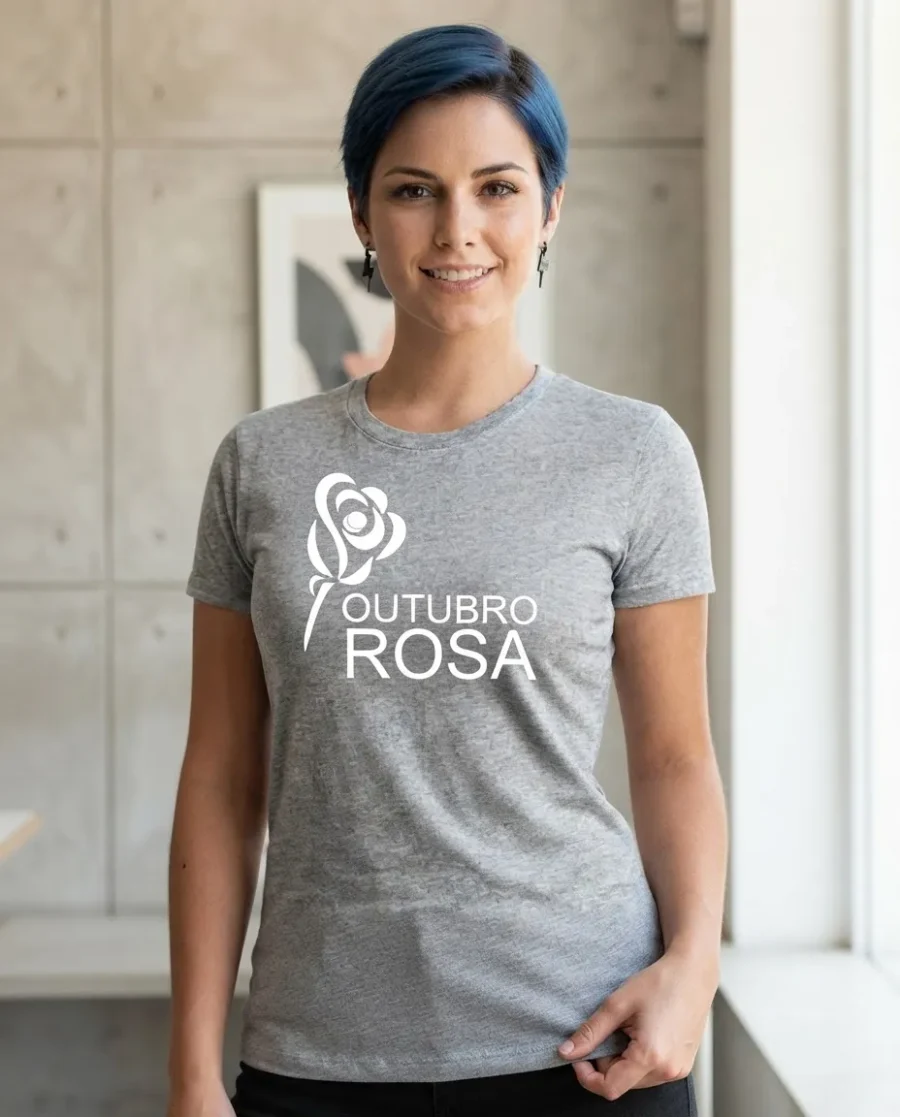 Camiseta Cinza Baby Look Feminina Outubro Rosa mlc