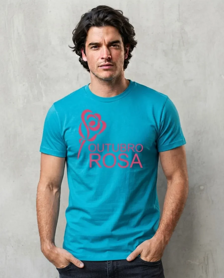 Camiseta Azul-turquesa Tradicional Adulto Unissex Outubro Rosa mlc