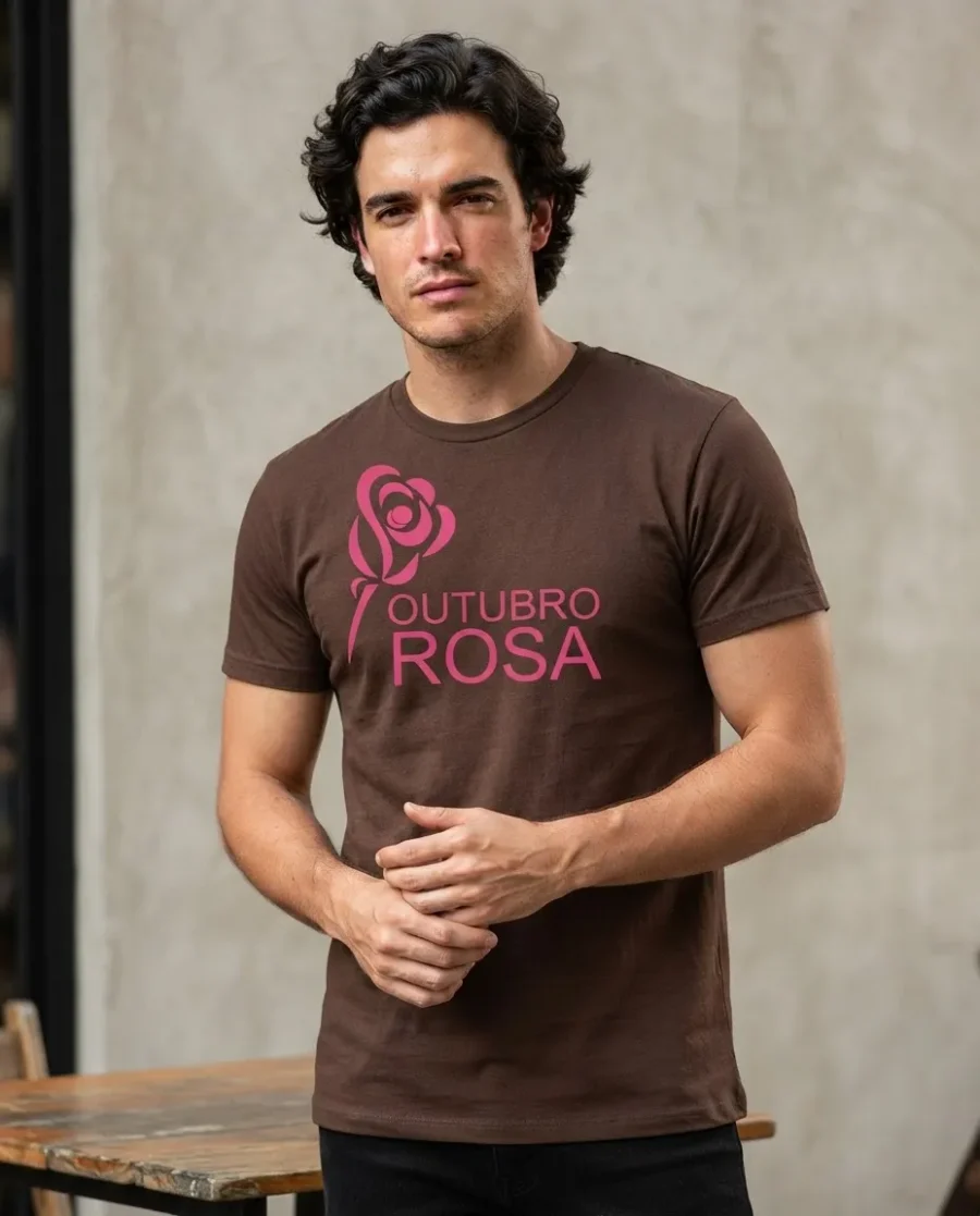 Camiseta Marrom Tradicional Adulto Unissex Outubro Rosa mlc