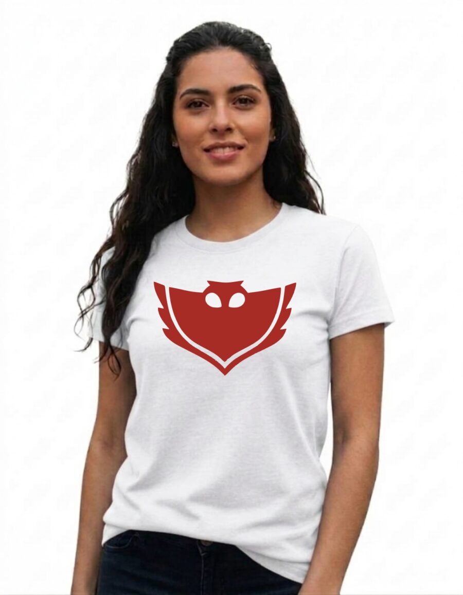 Camiseta Branca Baby Look Feminina Corujita Pj Masks Desenho mlc