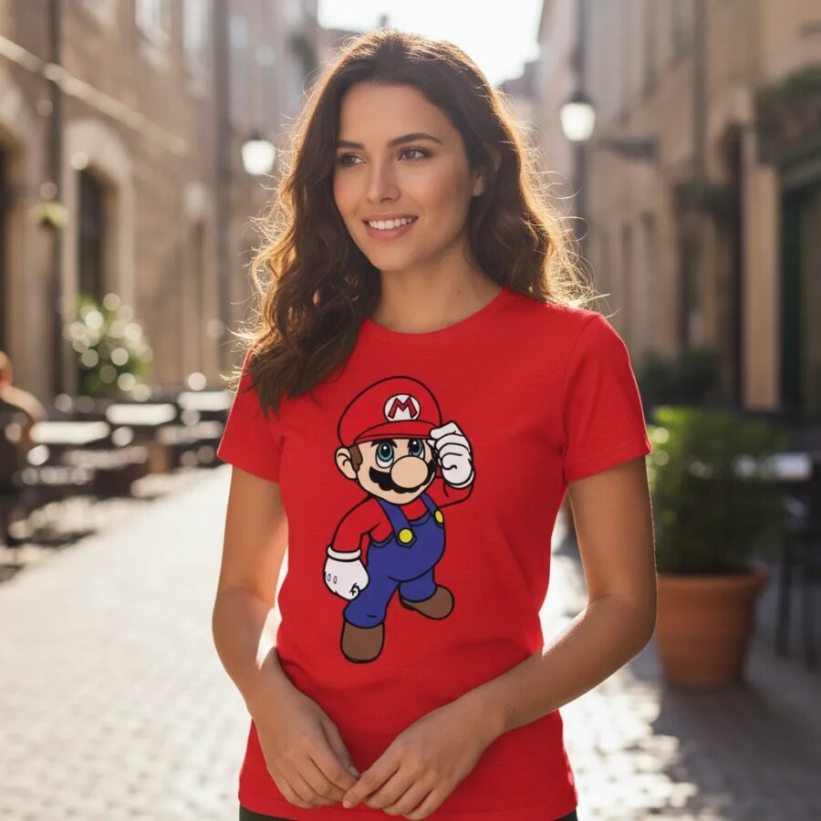 Camiseta Vermelha Feminina Baby Look Mario Bros Mod 2 mlc