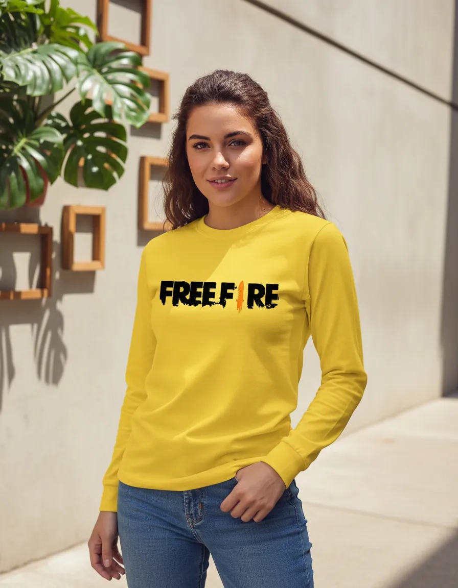 Camiseta Amarela Manga Comprida Baby Look Feminina Free Fire Amarela mlc