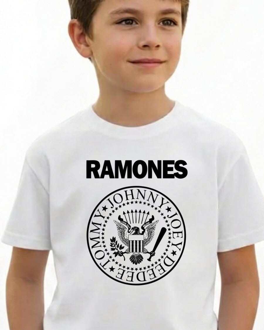 Camiseta Branca Infantil Unissex Banda Ramones T-shirt Premium mlc