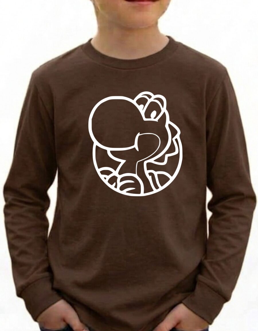 Camiseta Marrom Manga Longa Unissex Infantil Verde Yoshi Mario Bros mlc