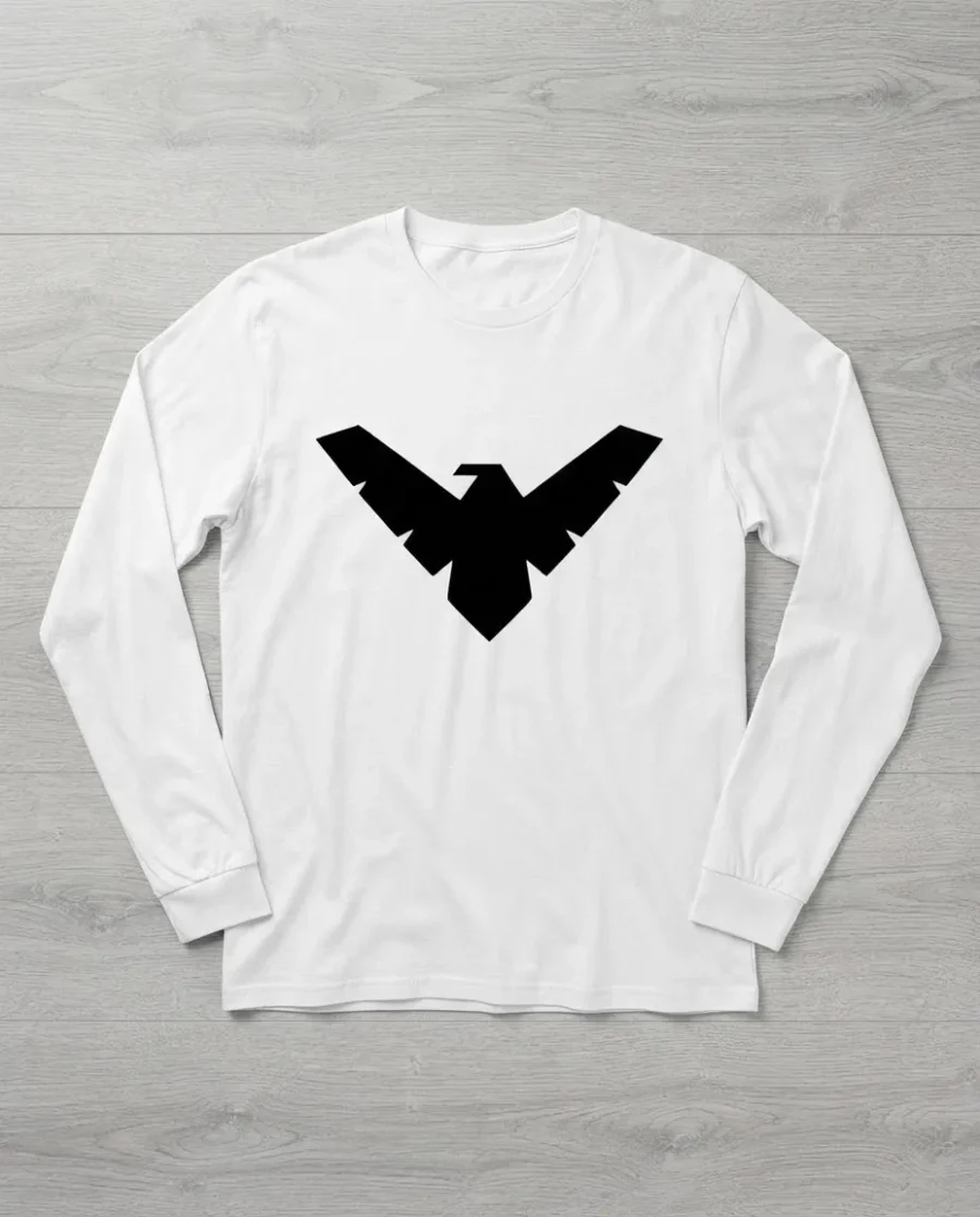 a Camiseta Branca Adulto Preta Manga Longa Silk Screen Asa Noturna mlr