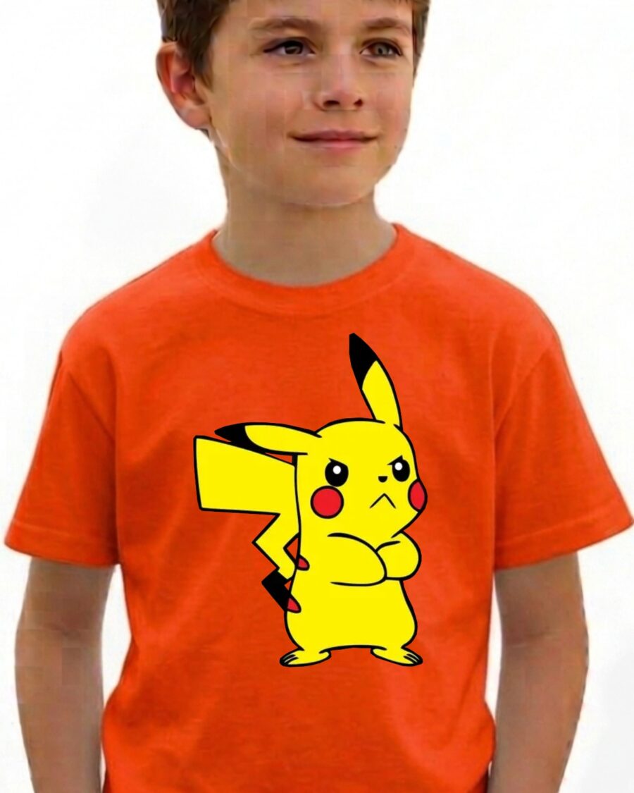 Camiseta Laranja Infantil Unissex Pikachu mlc