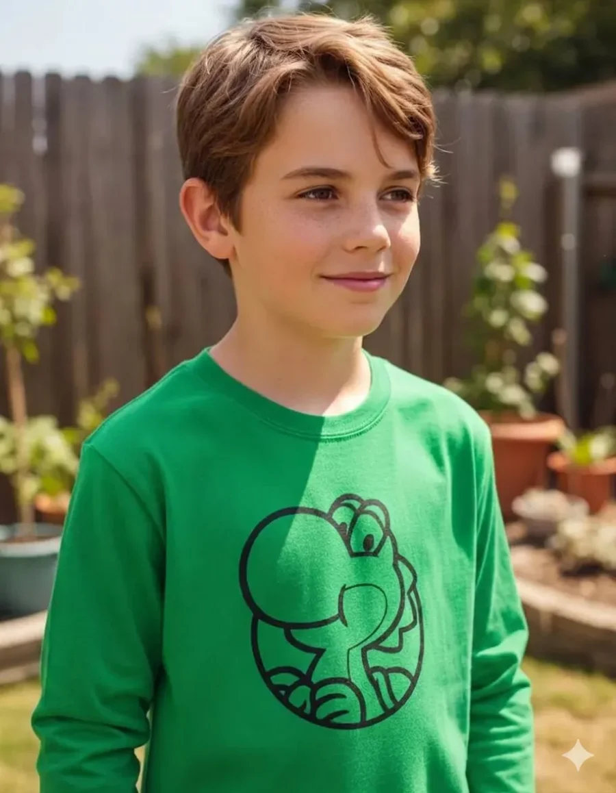 Camiseta Verde Manga Longa Unissex Infantil Verde Yoshi Mario Bros mlc