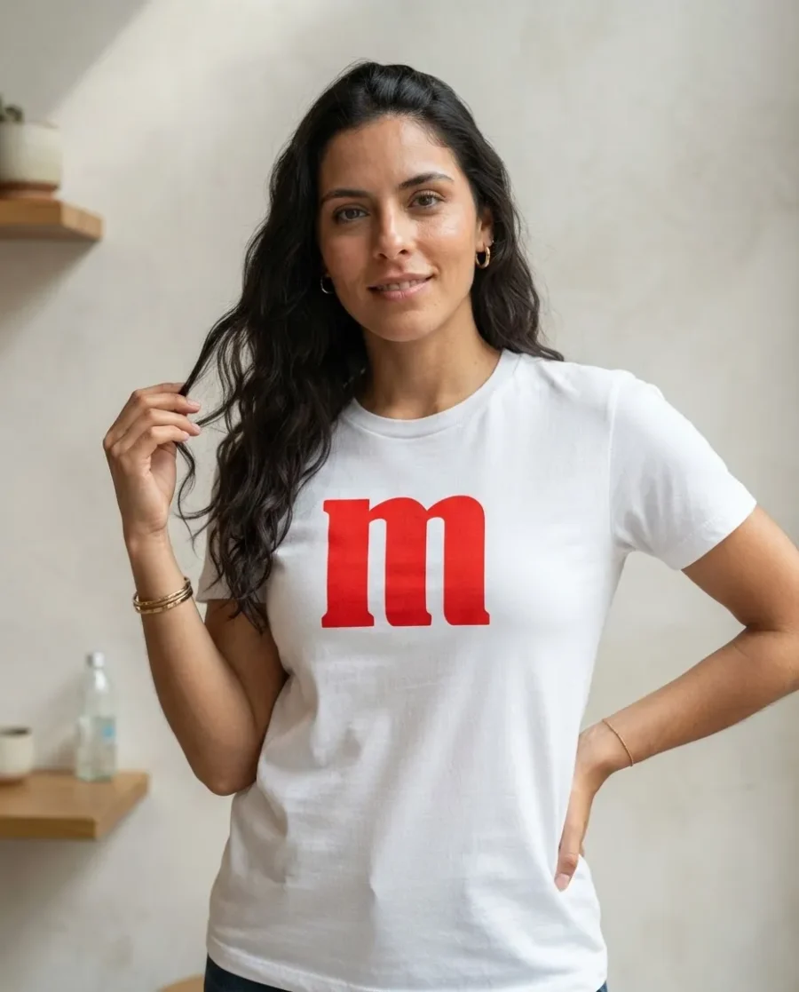 Camiseta Branca Turquesa Baby Look Letra M&m spe