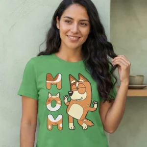 Camiseta Verde Baby Look Silk Screen Bluey Mãe mlc