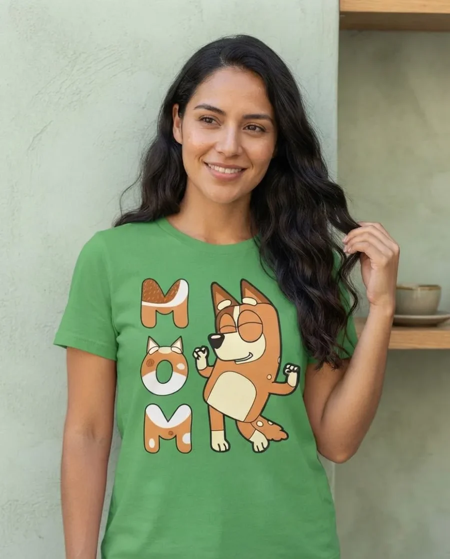 Camiseta Verde Baby Look Silk Screen Bluey Mãe mlc
