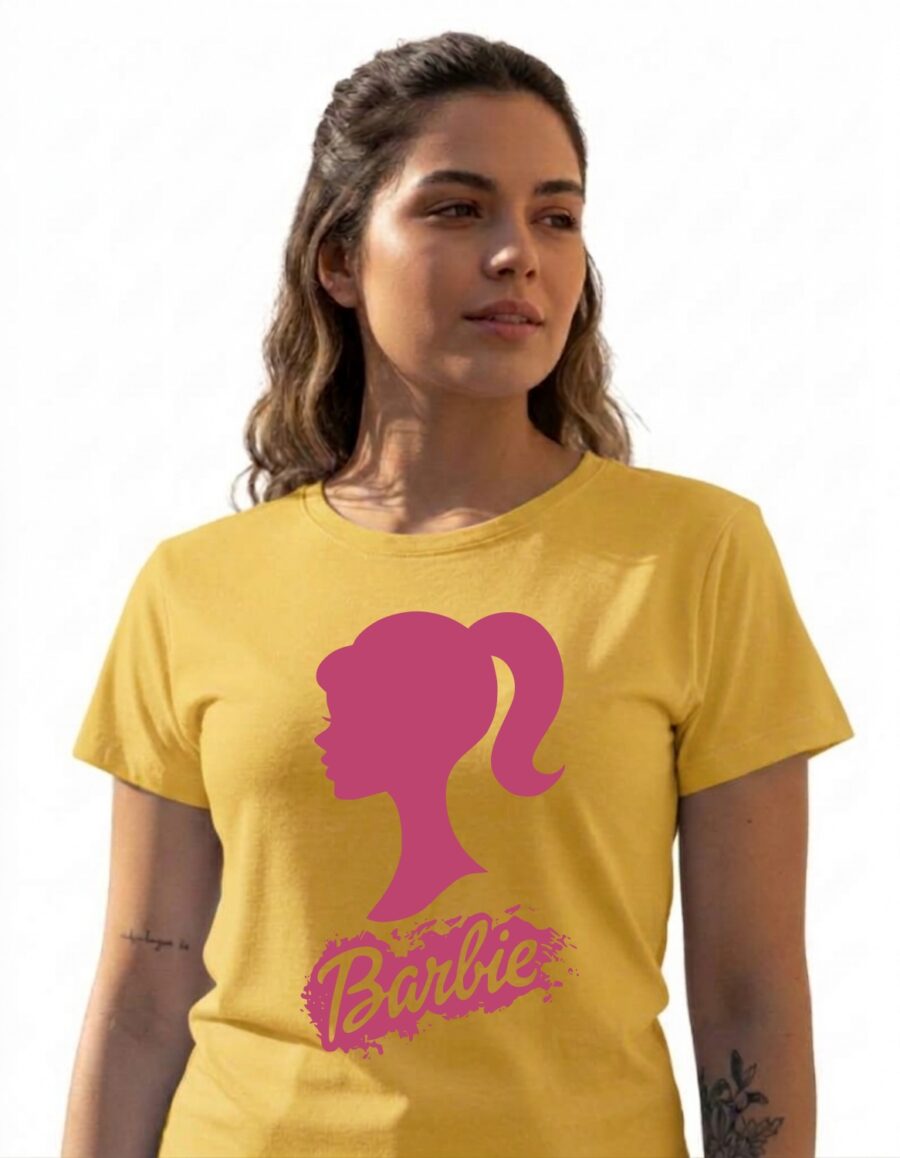 Camiseta Amarela Manga Curta Baby Look Feminina Rosa Barbie mlr