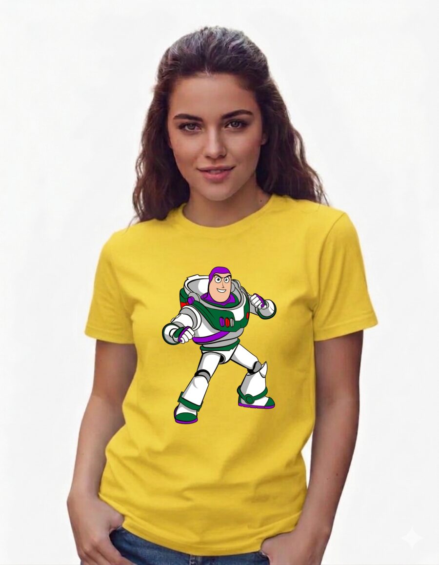 Camiseta Amarela Manga Curta Baby Look Rosa Buzz Lightyear Toy Story mlr
