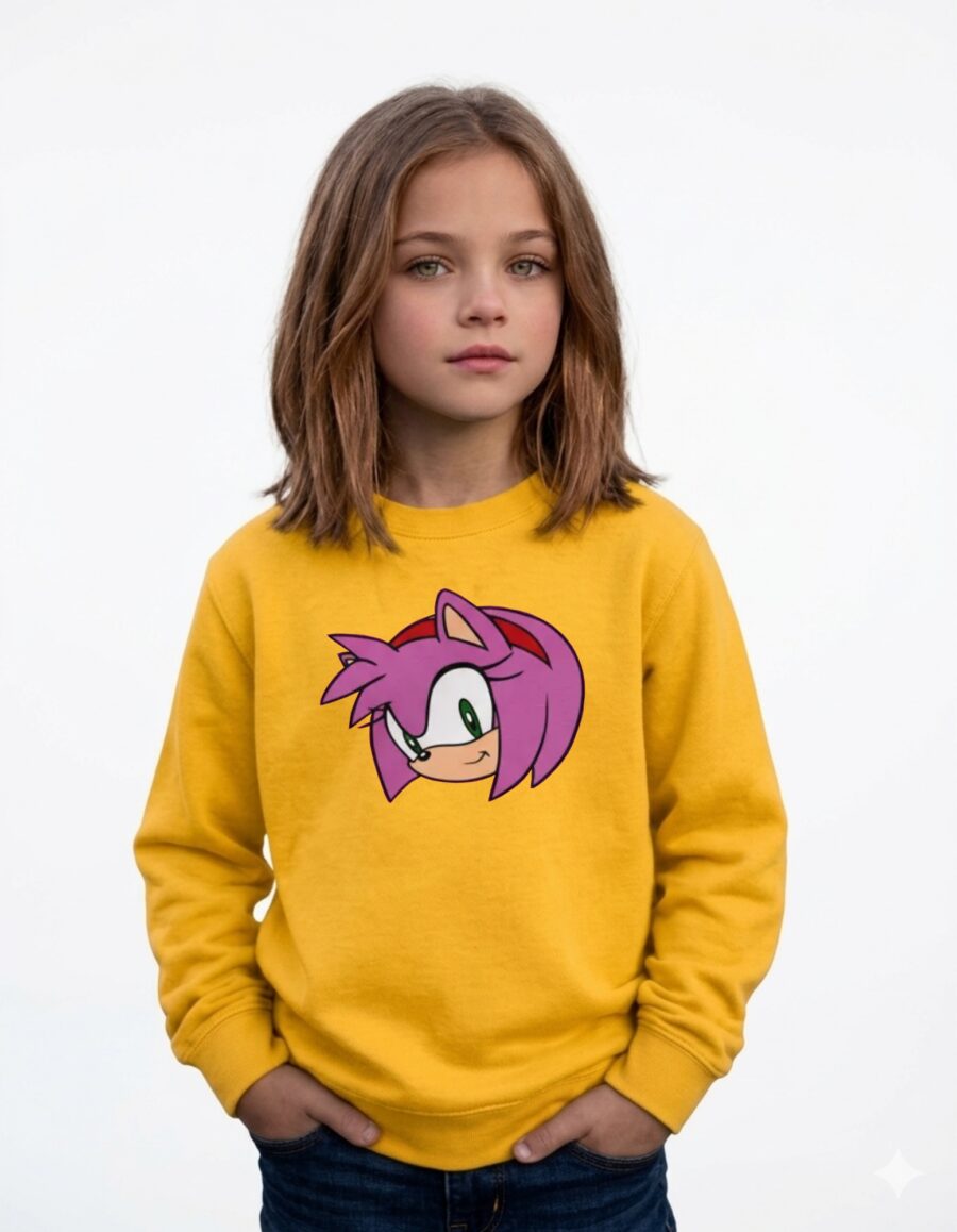 Moletom Amarelo Infantil Unissex Amy Rose Sonic Preto Gola Careca mlr