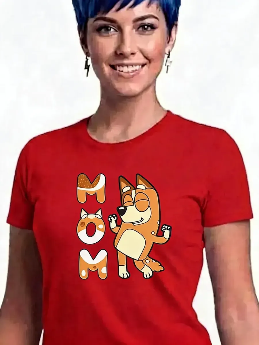 Camiseta Manga Curta Vermelha Baby Look Silk Screen Bluey Mãe mlc