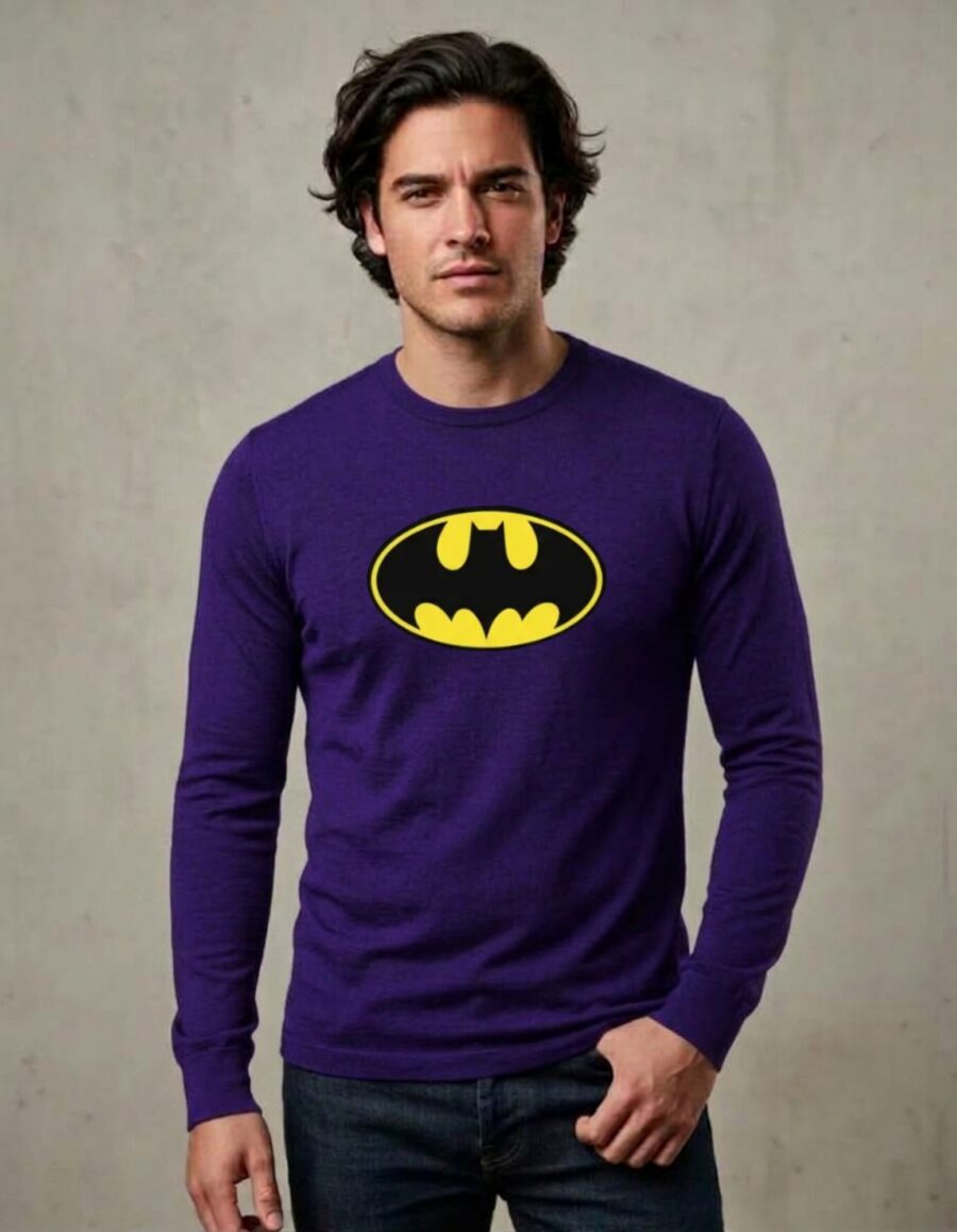Camiseta Roxa Manga Longa Adulto Unissex Batman Logo Clássico mlr