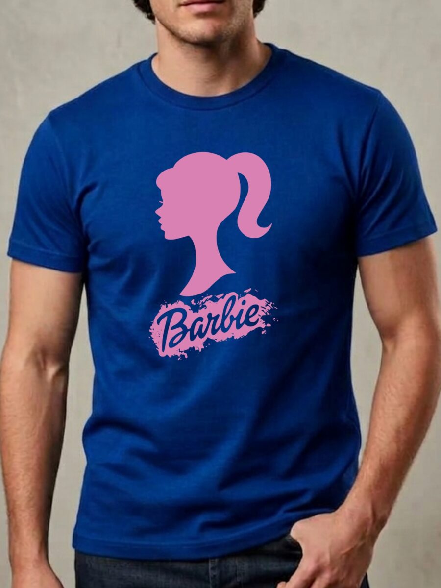 Camiseta Azul Manga Curta Adulto Unissex Rosa Barbie mlc