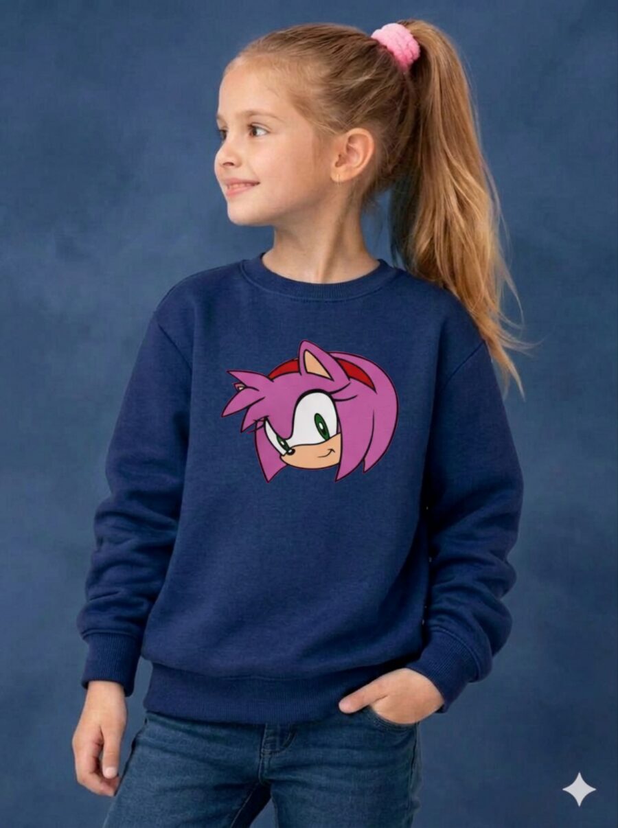 Moletom Azul Infantil Unissex Amy Rose Sonic Preto Gola Careca mlr