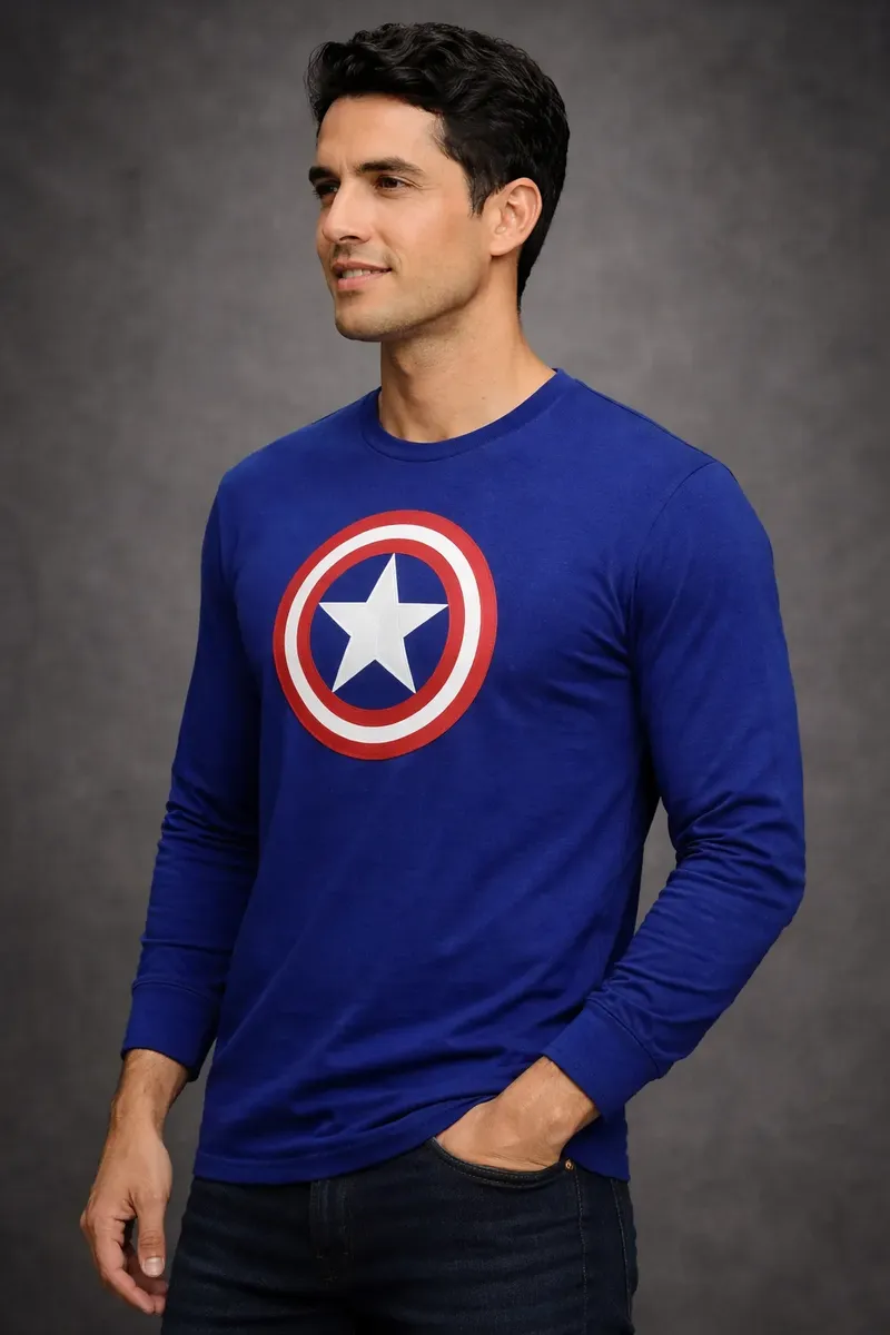 Camiseta Manga Longa Adulto Capitão América Masculina Azul mlr