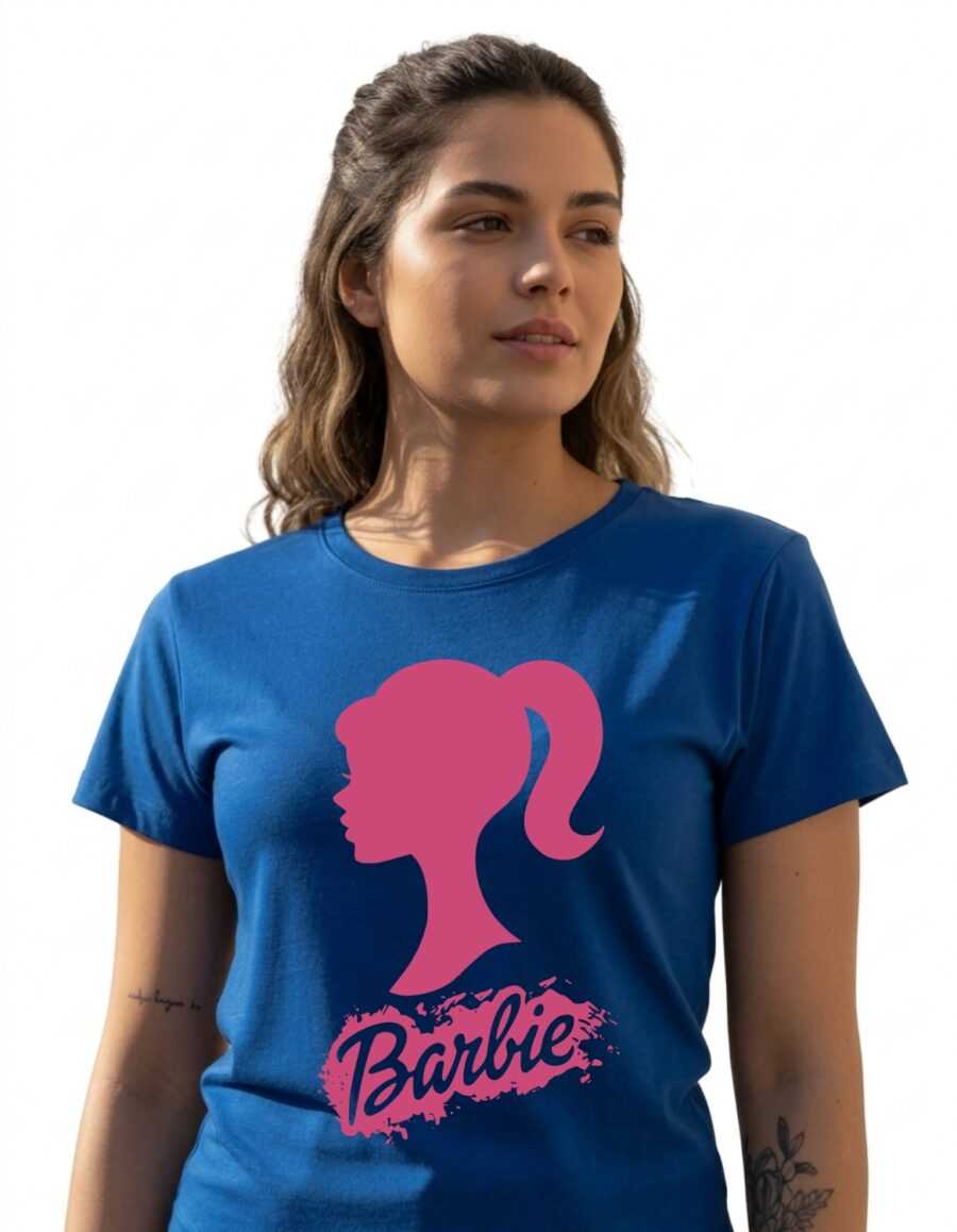 Camiseta Azul Manga Curta Baby Look Feminina Rosa Barbie mlr