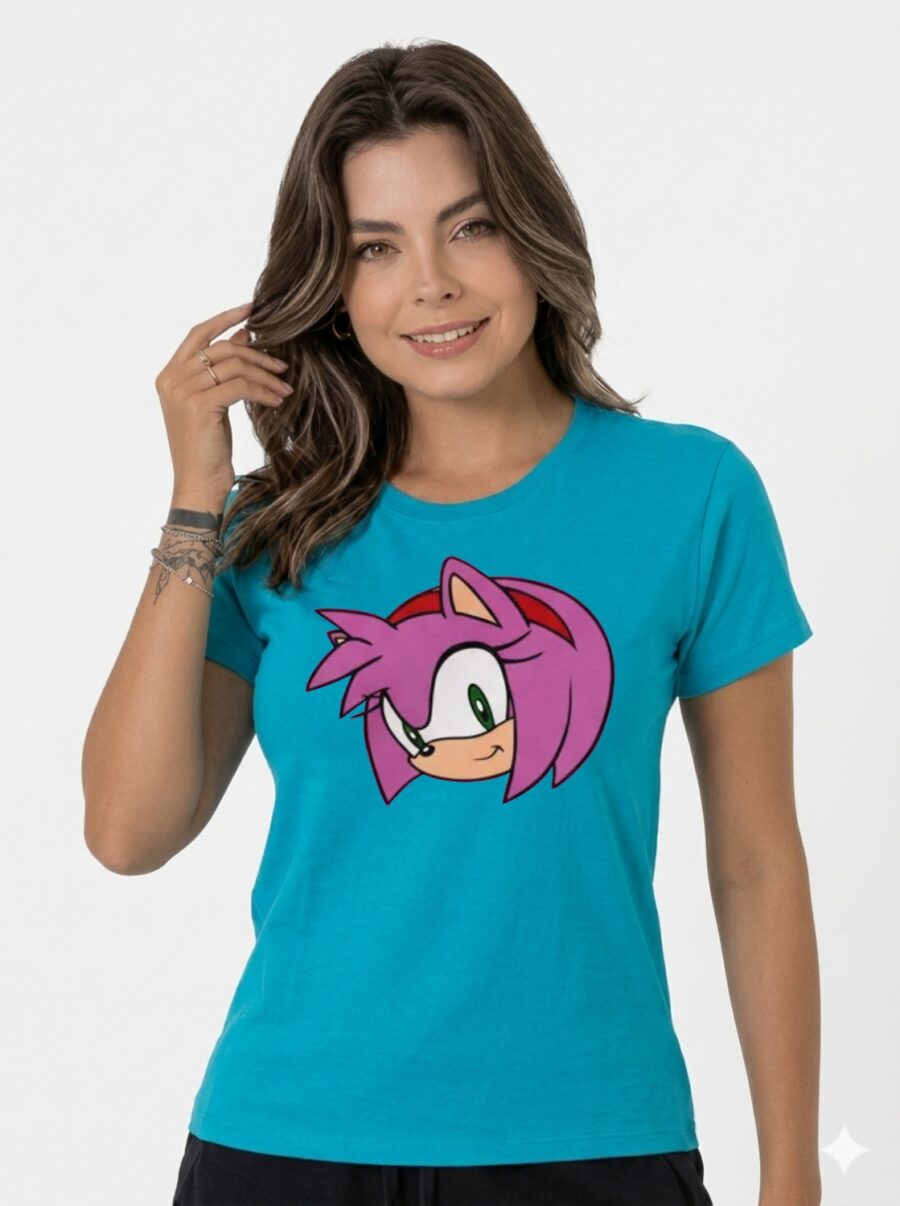 3 Camiseta Azul Turquesa Baby Look Amy Rose Sonic mlc
