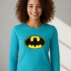 3_batman Camiseta Batman Baby Look Manga Longa ( Azul Turquesa )