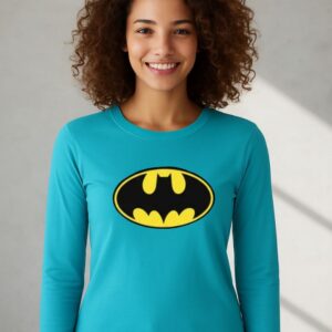 3_batman Camiseta Batman Baby Look Manga Longa ( Azul Turquesa )