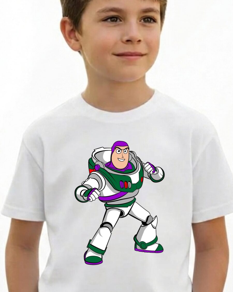 Camiseta Branca Manga Curta Amarela Infantil Buzz Toy Story mlc