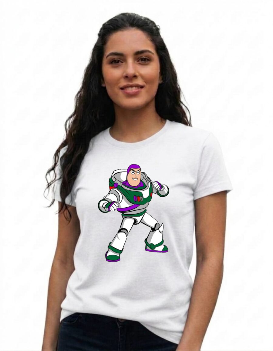 Camiseta Branca Manga Curta Baby Look Rosa Buzz Lightyear Toy Story mlr