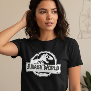 8 Camiseta Jurassic World Silhueta Baby Look Feminina Preta