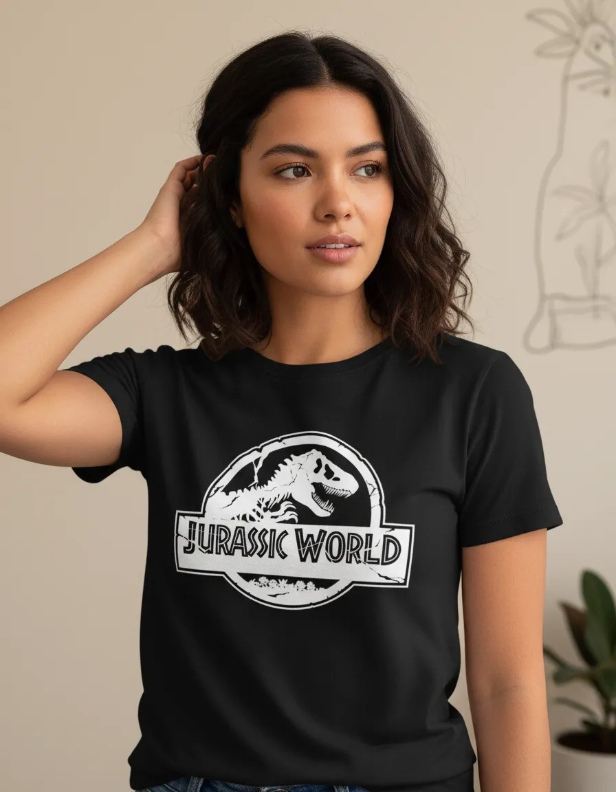 Camiseta Jurassic World Silhueta Baby Look Feminina Preta