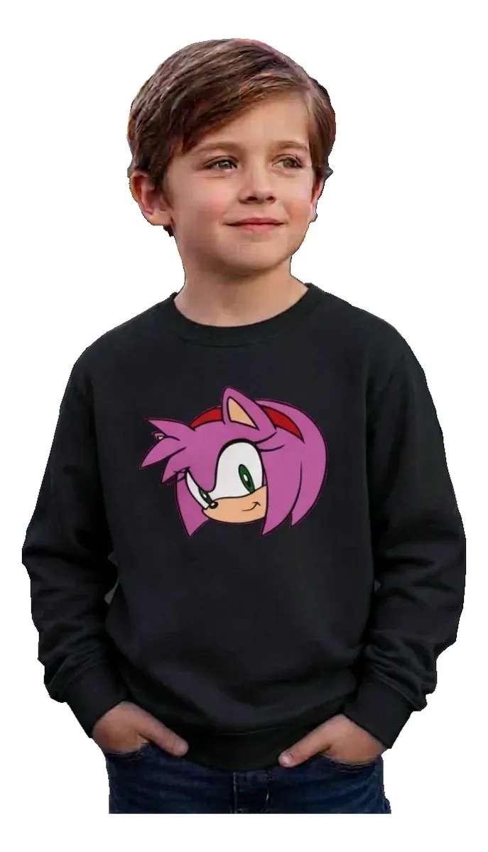Moletom Preto Infantil Unissex Amy Rose Sonic Preto Gola Careca mlr