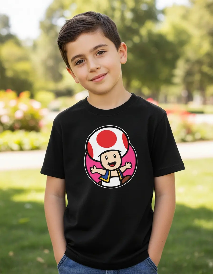 Camiseta Preta Toad Mario Bros Infantil mlc