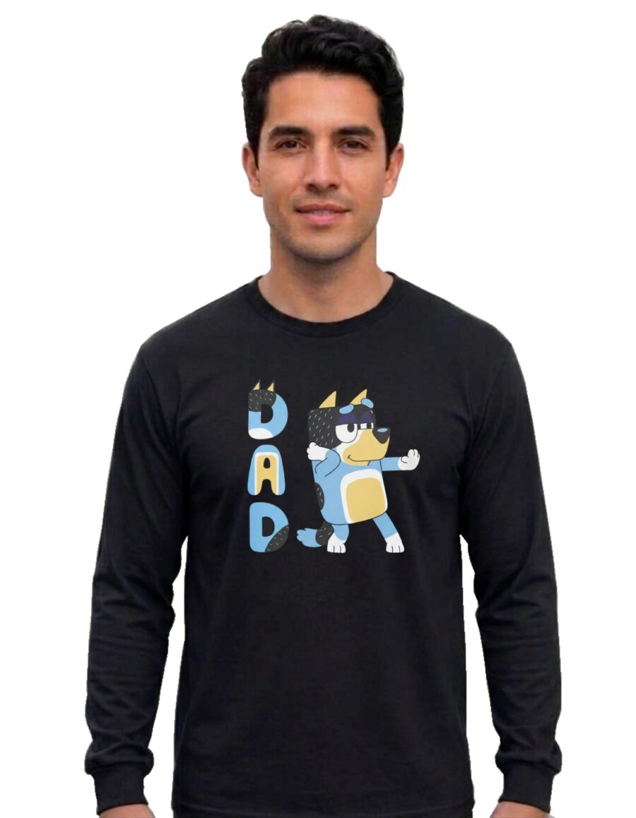 Camiseta Preta Manga Longa Bluey Bandit Pai Dia Dos Pais Branca mlr