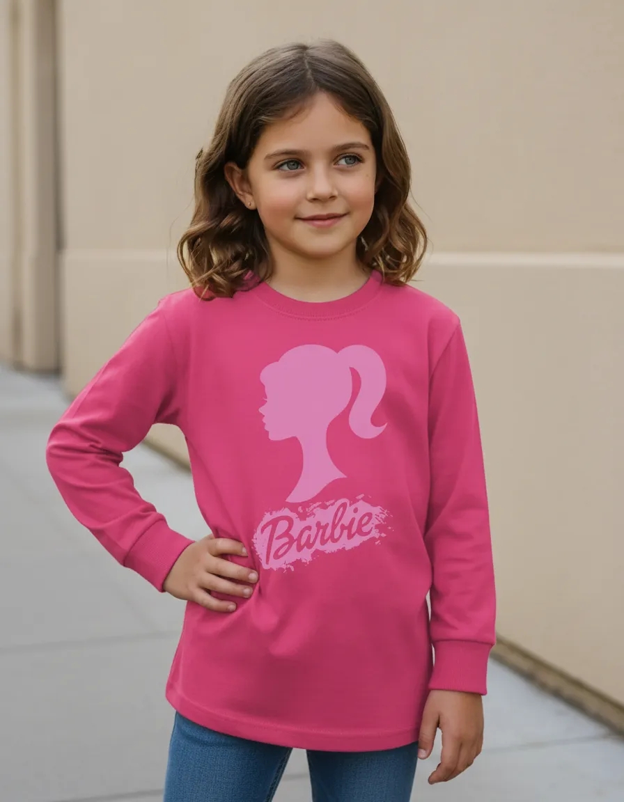 Camiseta Rosa Manga Comprida Longa Unissex Infantil Rosa Barbie mlr