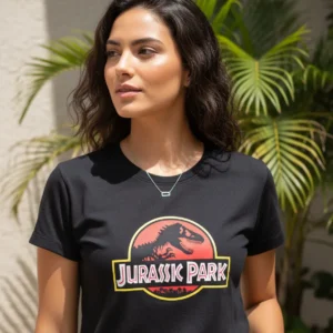 a Camiseta Jurassic Park Baby Look Feminina Preta