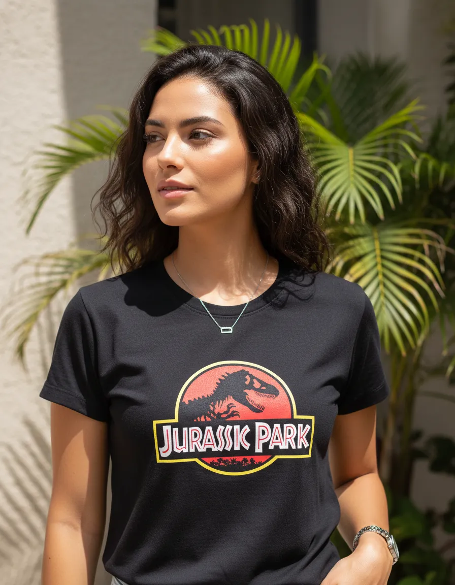 Camiseta Jurassic Park Baby Look Feminina Preta