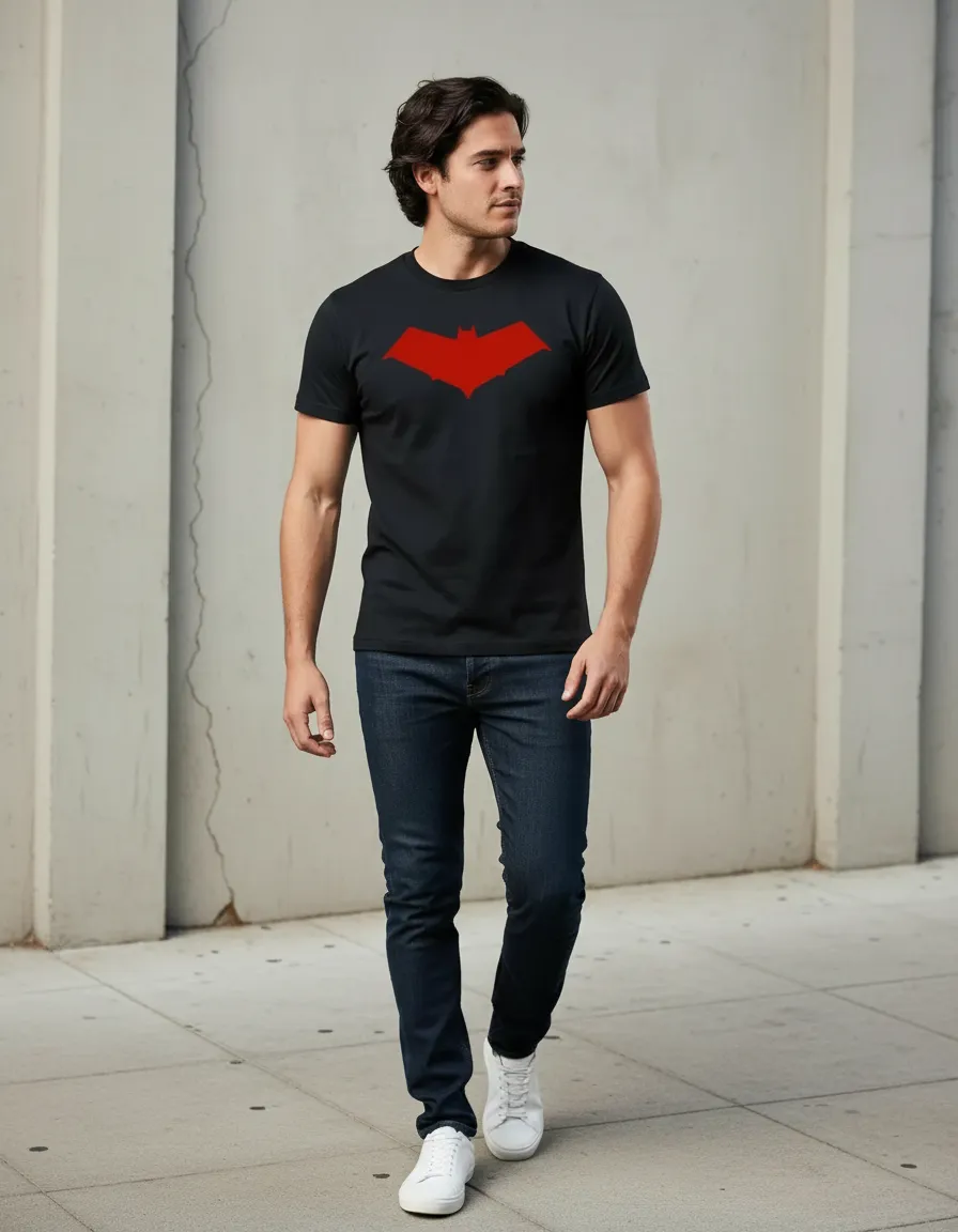 Camiseta Preta Manga Curta Adulto Unissex Robin Capuz Vermelho mlc