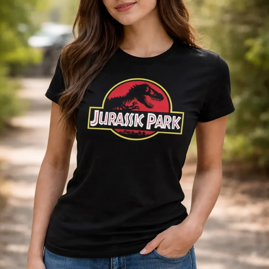 Camiseta Jurassic Park Baby Look Feminina Preta