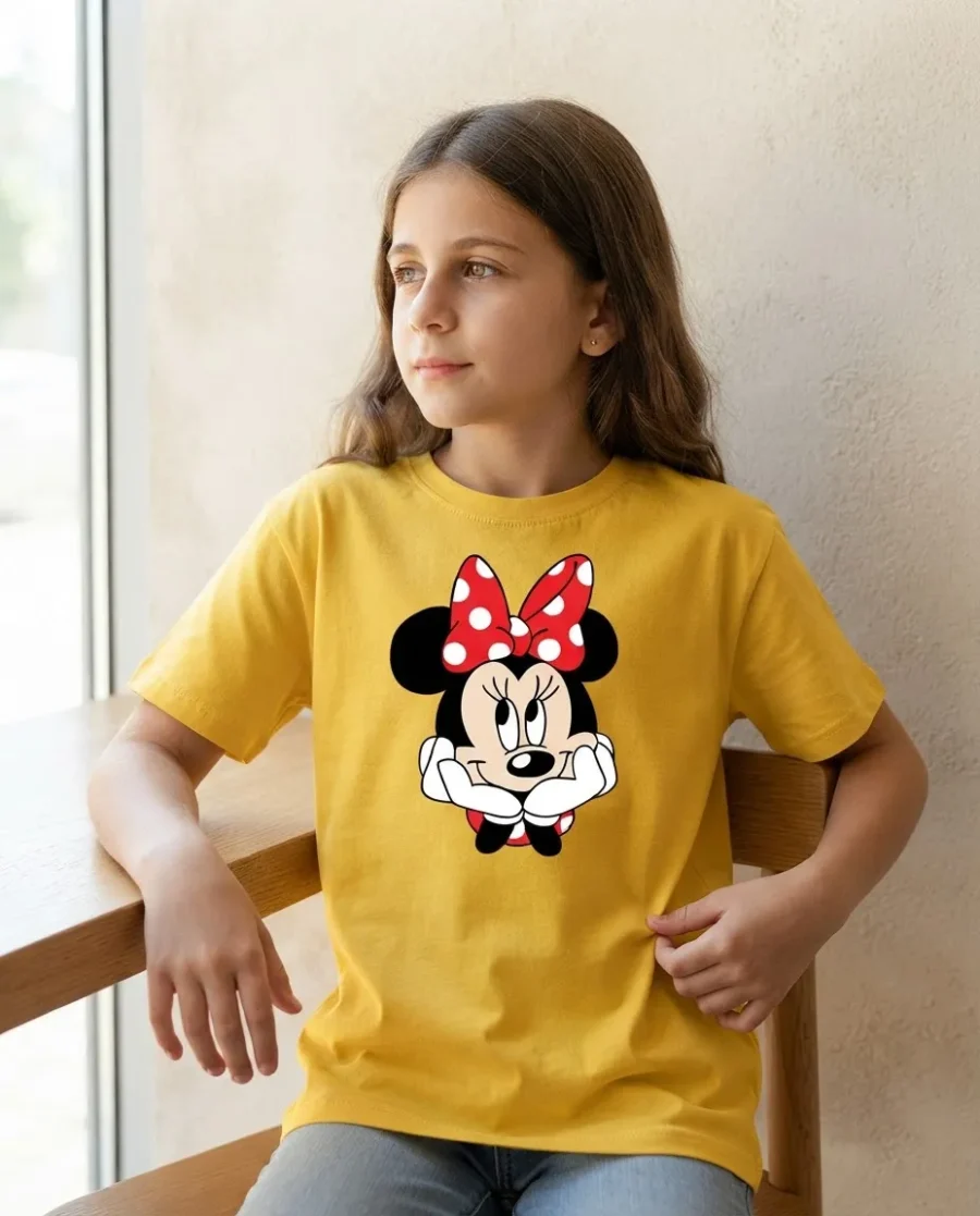 Camiseta Amarela Manga Curta Preta Infantil Unissex Minnie Mouse mlc