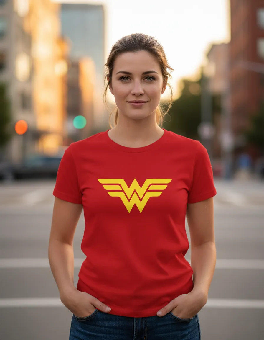 Camiseta Vermelha Mulher Maravilha Adulto Baby Look mlc