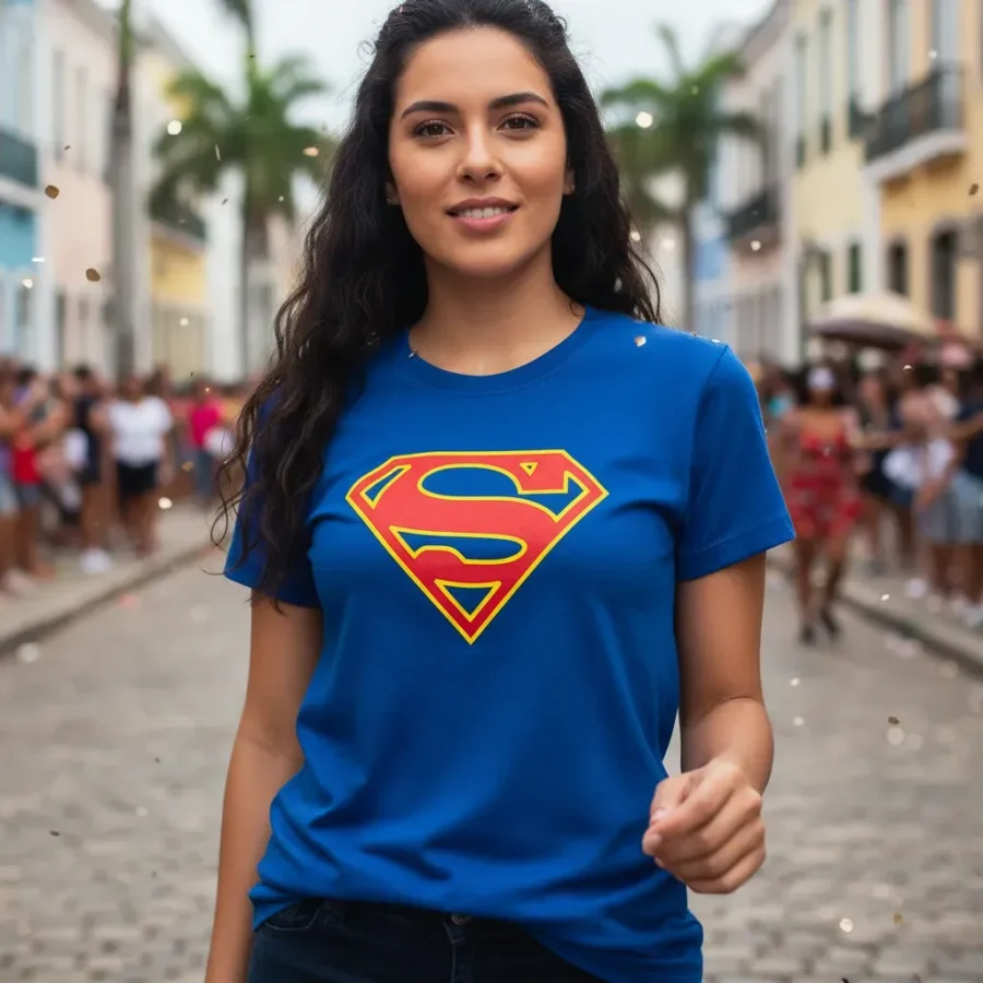 x Camiseta Azul Baby Look Feminina Supergirl mlc