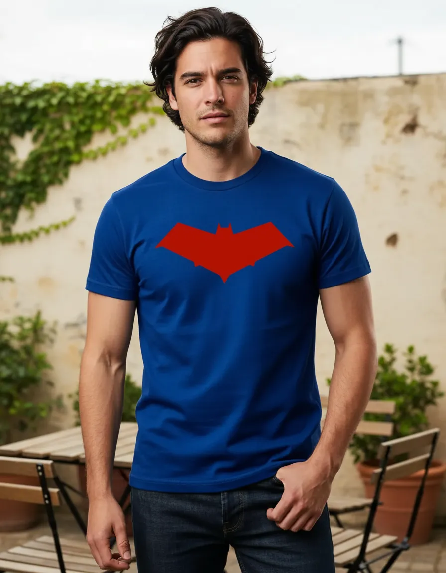 Camiseta Azul Manga Curta Adulto Unissex Robin Capuz Vermelho mlc